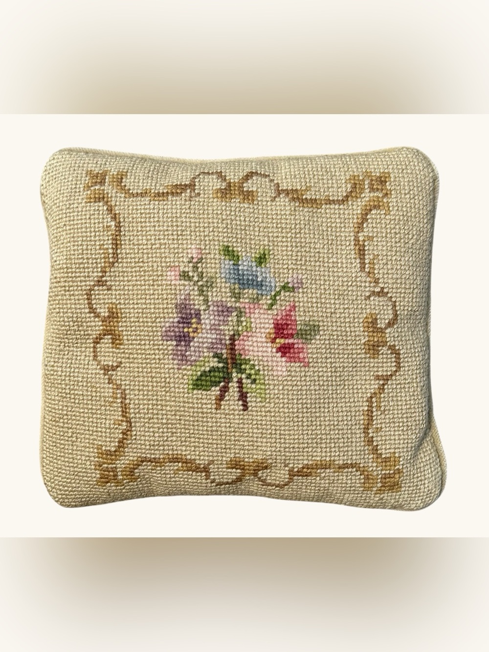 Vintage Floral Needlepoint Pillow 9’’x 8’’ Velvet Backing Hand Stitched